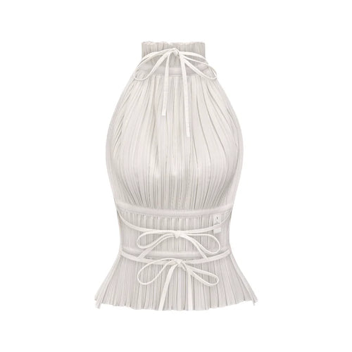 Bella Top - Pleated Crew Neck Open Back Spaghetti Tie Sleeveless Fashion Shirt