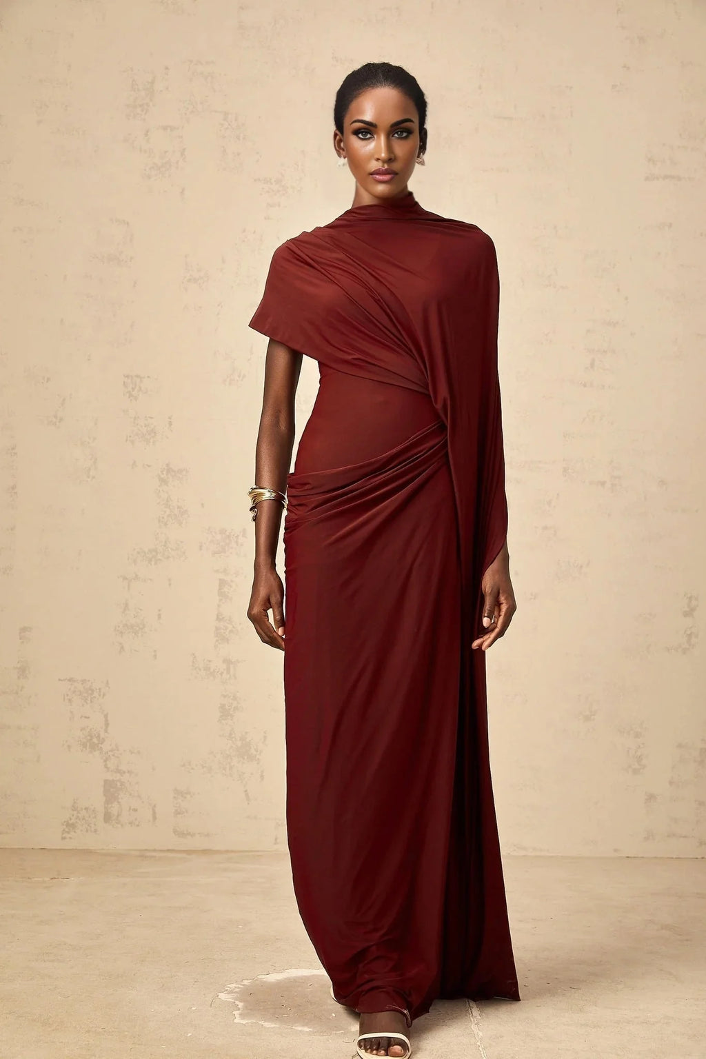 Benedetta Cape & Dress Set with Unique Draped Design in Red