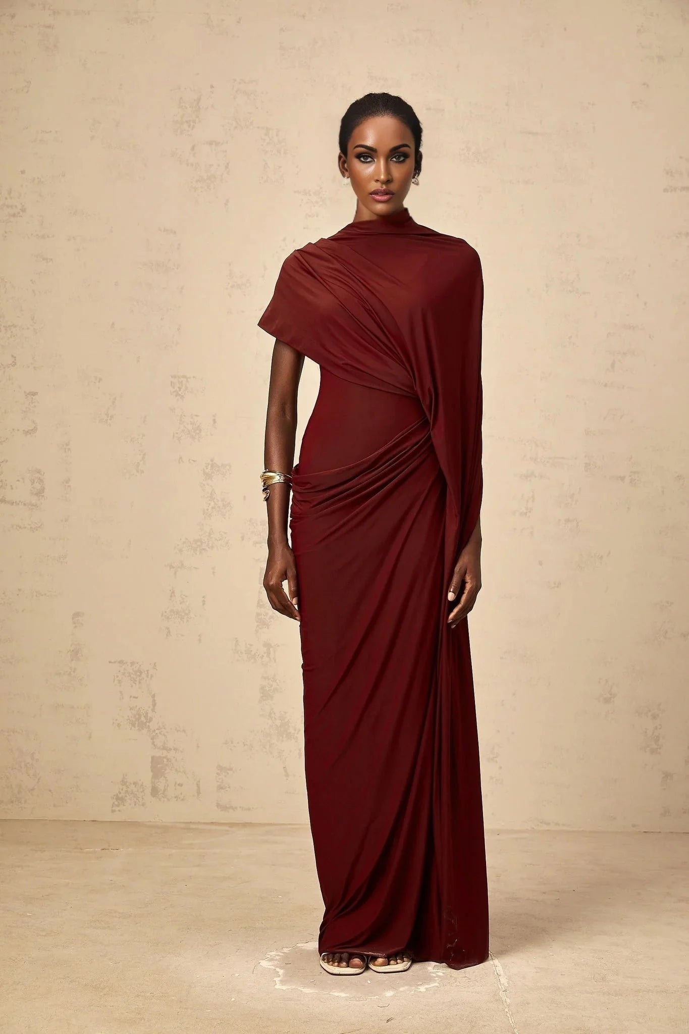 Benedetta Cape & Dress Set with Unique Draped Design in Red