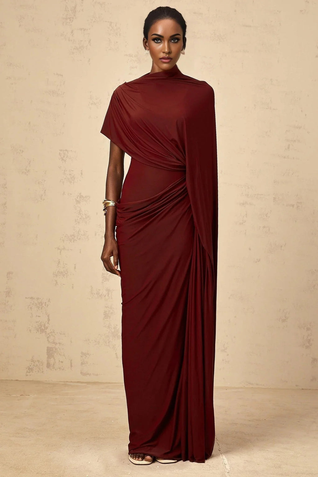 Benedetta Cape & Dress Set with Unique Draped Design in Red