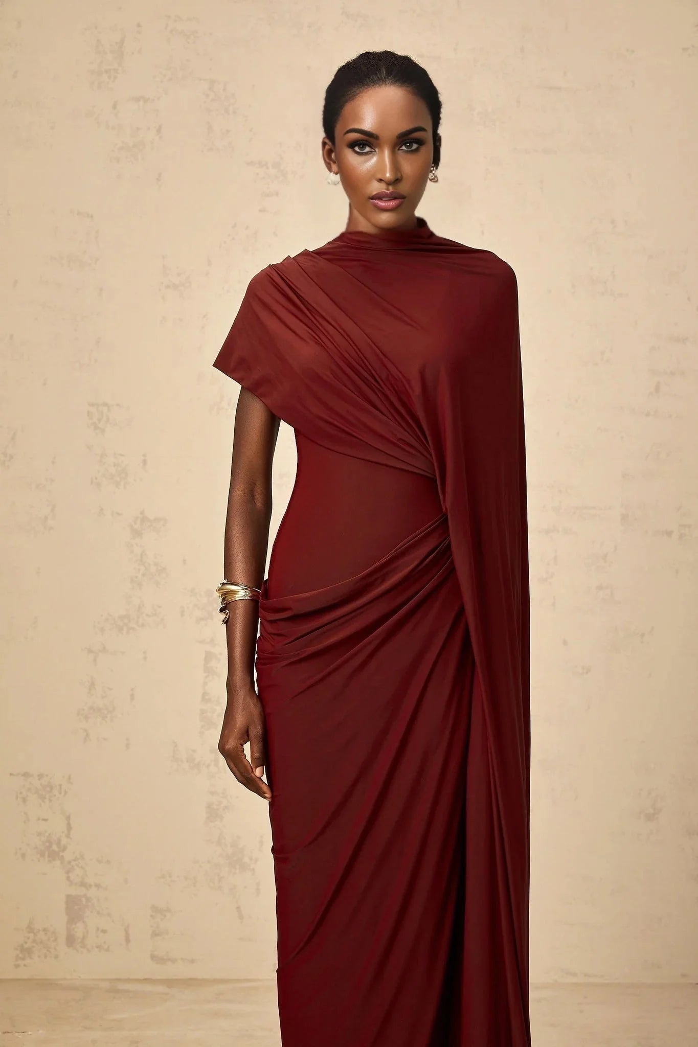 Benedetta Cape & Dress Set with Unique Draped Design in Red