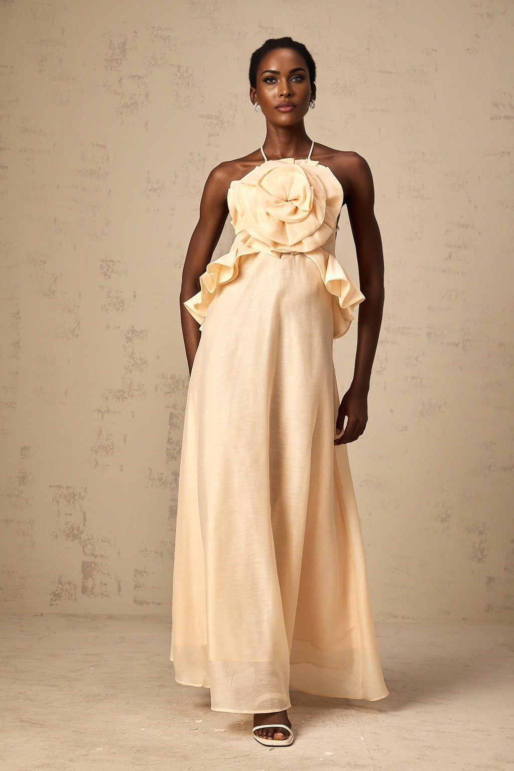 Benedetta Maxi Dress - Halterneck Style - Open Back - Ruffled Details - 3D Petal and Crystal Embellishments
