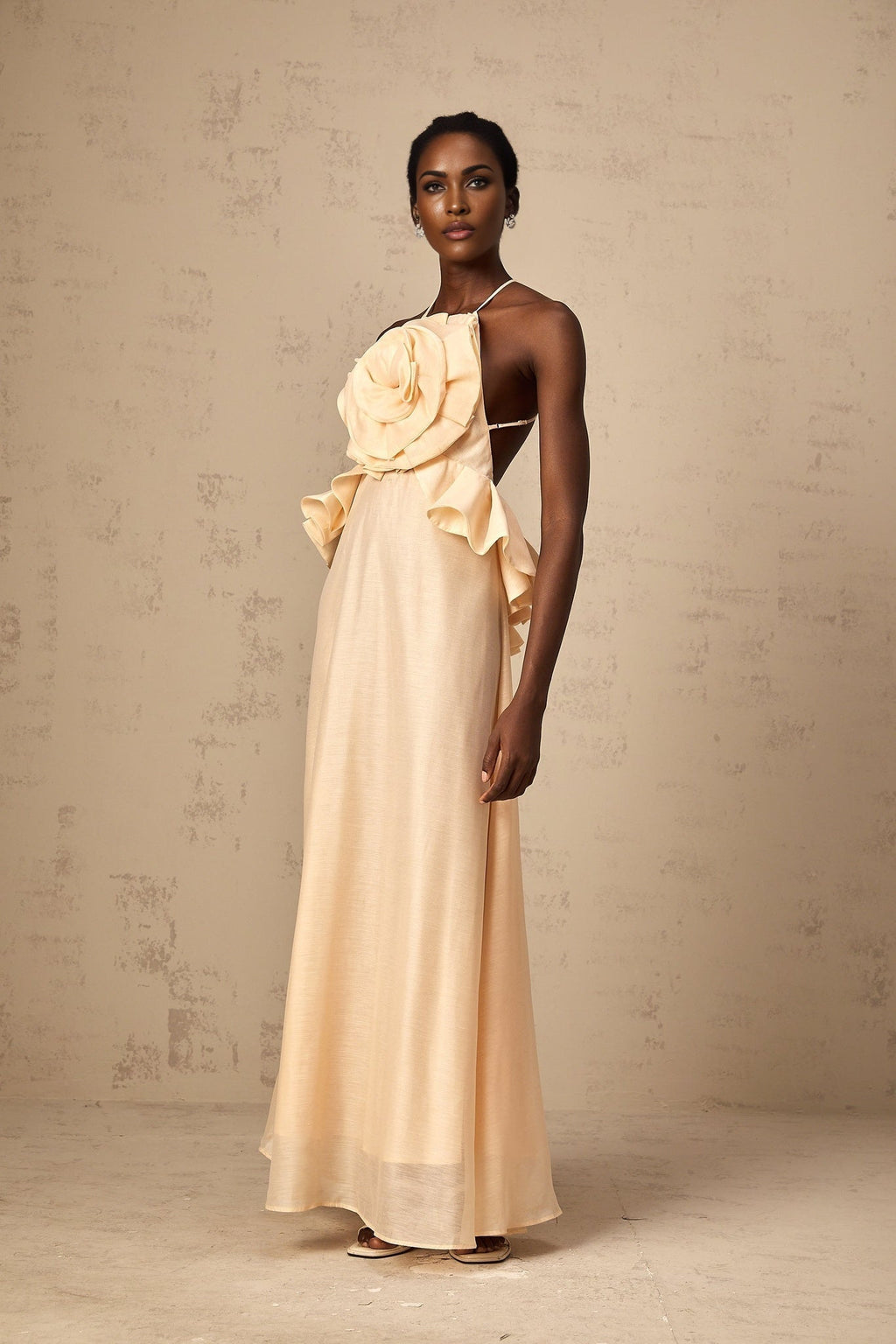 Benedetta Maxi Dress - Halterneck Style - Open Back - Ruffled Details - 3D Petal and Crystal Embellishments