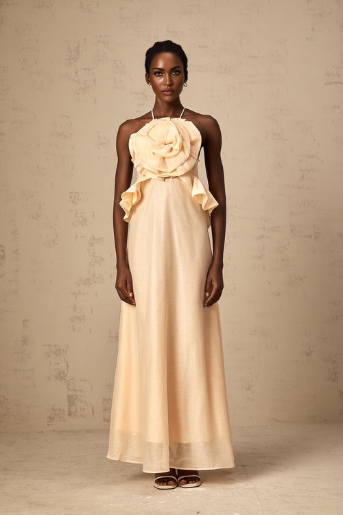 Benedetta Maxi Dress - Halterneck Style - Open Back - Ruffled Details - 3D Petal and Crystal Embellishments