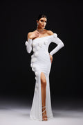 Benedetta White Off-Shoulder Maxi Dress with Floral Appliqués and Slit Design