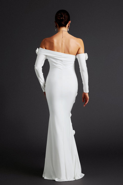 Benedetta White Off-Shoulder Maxi Dress with Floral Appliqués