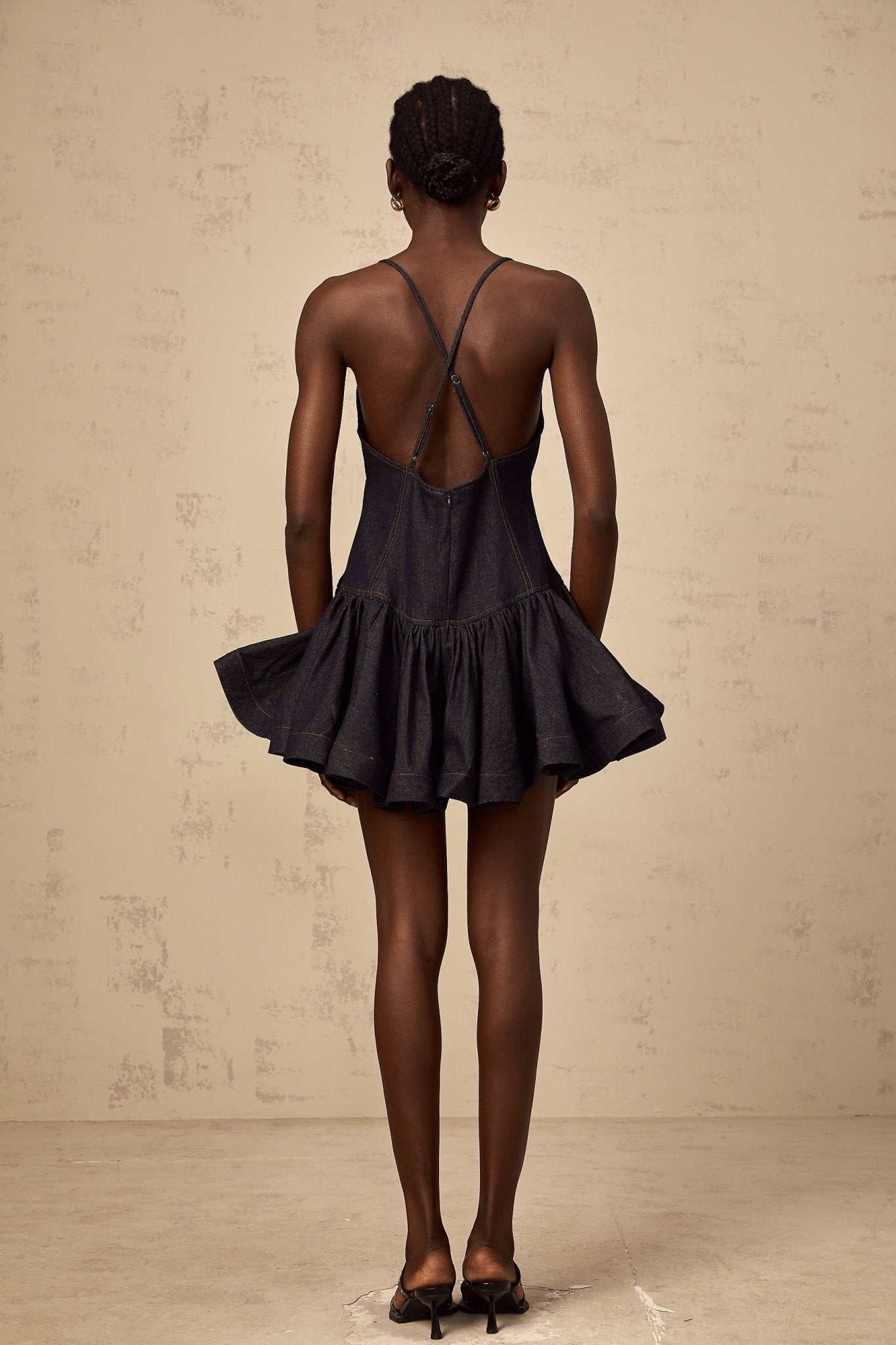 Beppina Denim Mini Dress - V - neck - Sleeveless - Cross - over Straps - Flounce Hem