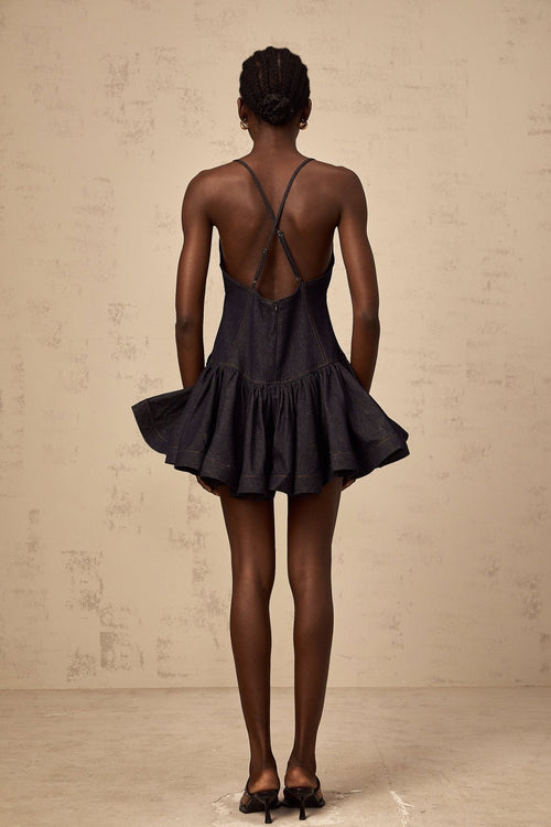 Beppina Denim Mini Dress - V - neck - Sleeveless - Cross - over Straps - Flounce Hem