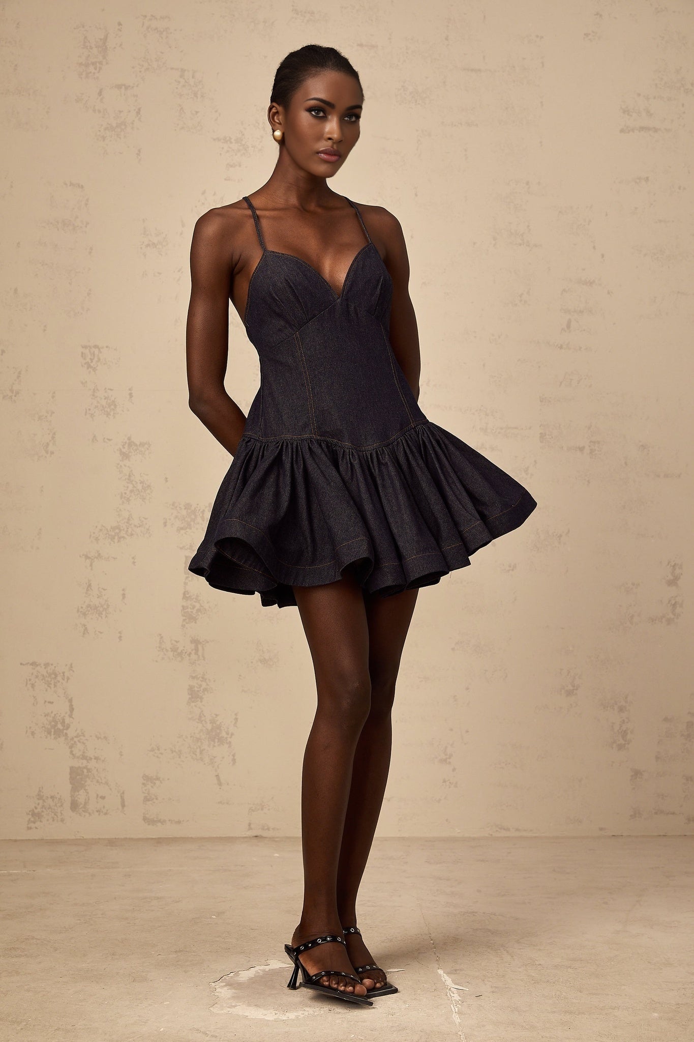 Beppina Denim Mini Dress - V - neck - Sleeveless - Cross - over Straps - Flounce Hem