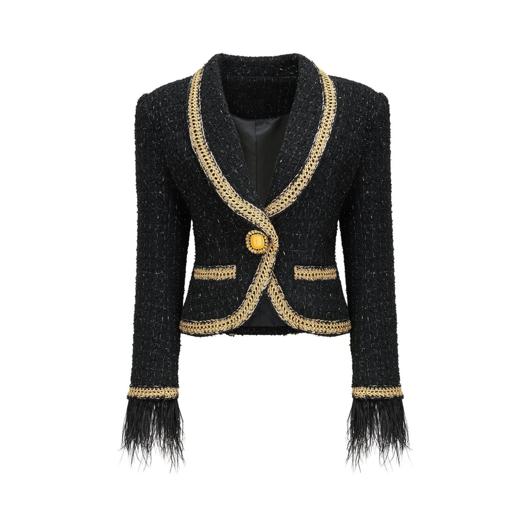 Beppina Jacket & Skirt - Tweed - Notched Lapels - Panelled Design - Ostrich Feather Accents