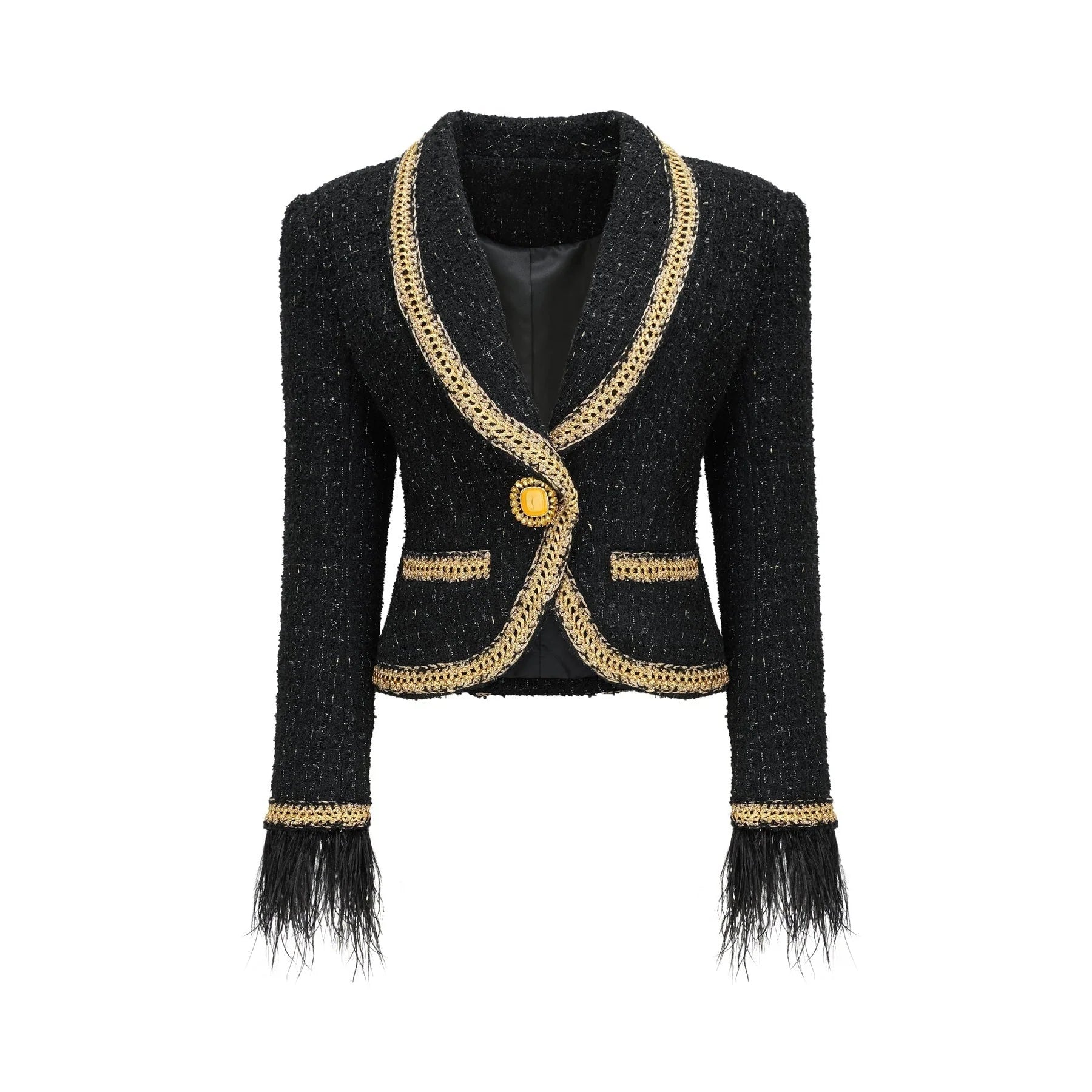 Beppina Jacket & Skirt - Tweed - Notched Lapels - Panelled Design - Ostrich Feather Accents