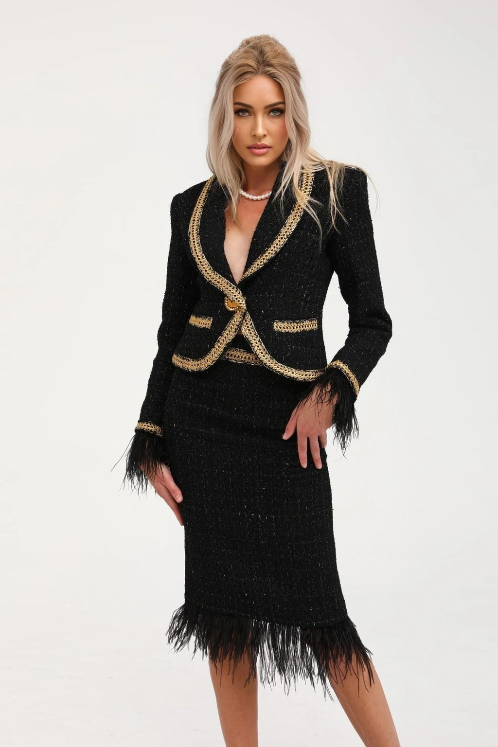 Beppina Jacket & Skirt - Tweed - Notched Lapels - Panelled Design - Ostrich Feather Accents