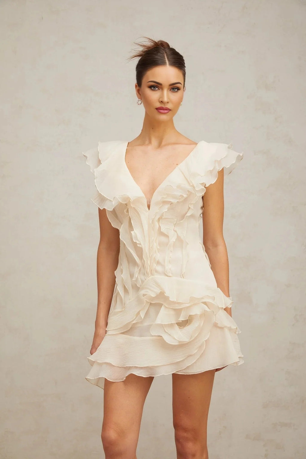 Beppina Mini Dress Neutral V - neck Ruffled Thigh Length & Floral Layers
