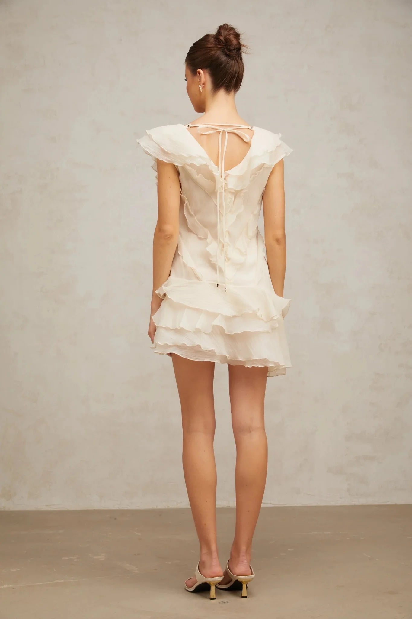 Beppina Mini Dress Neutral V - neck Ruffled Thigh Length & Floral Layers