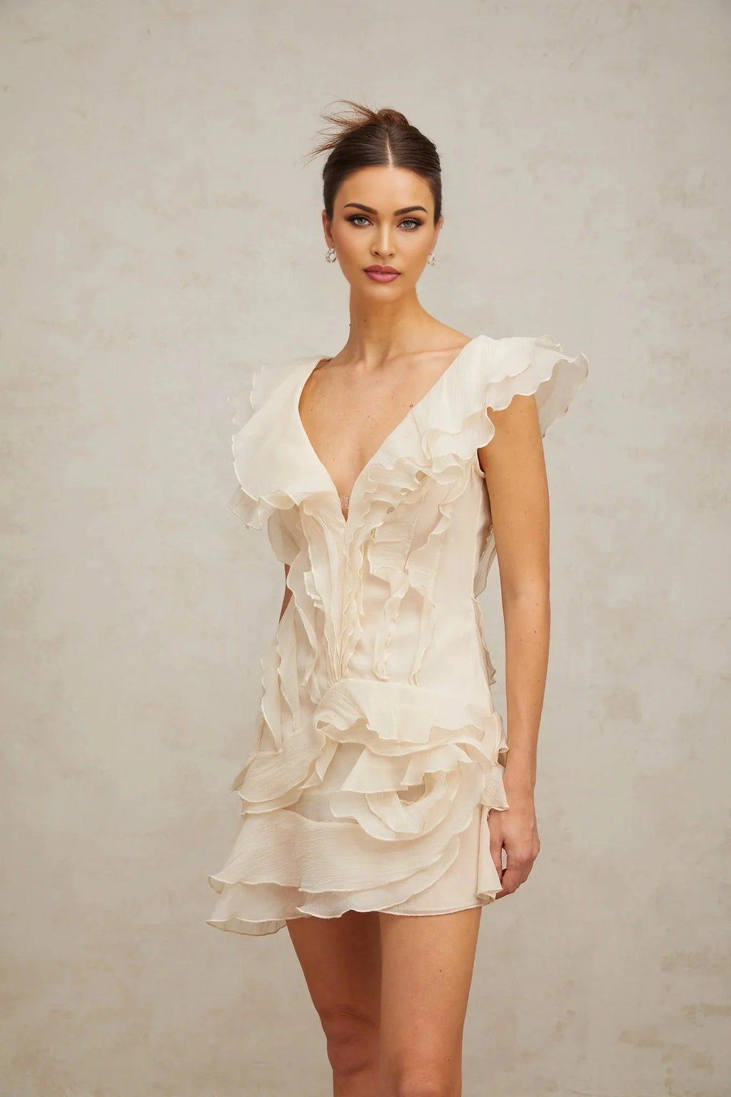 Beppina Mini Dress Neutral V - neck Ruffled Thigh Length & Floral Layers