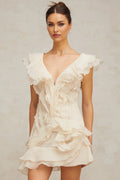 Beppina Mini Dress Neutral V - neck Ruffled Thigh Length & Floral Layers