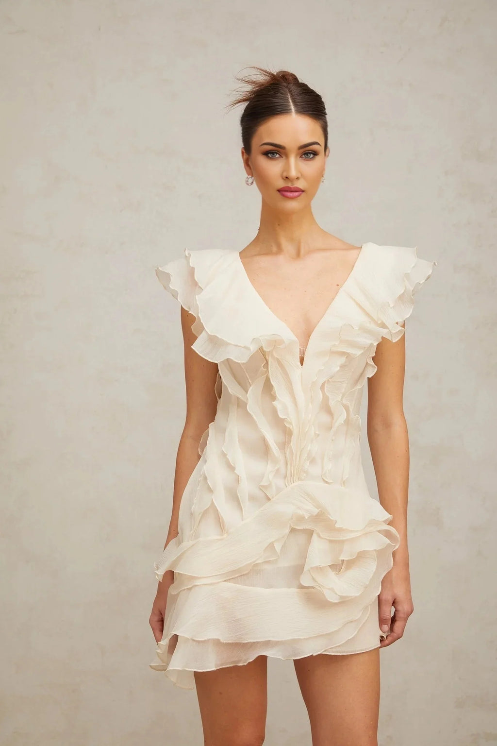 Beppina Mini Dress Neutral V - neck Ruffled Thigh Length & Floral Layers