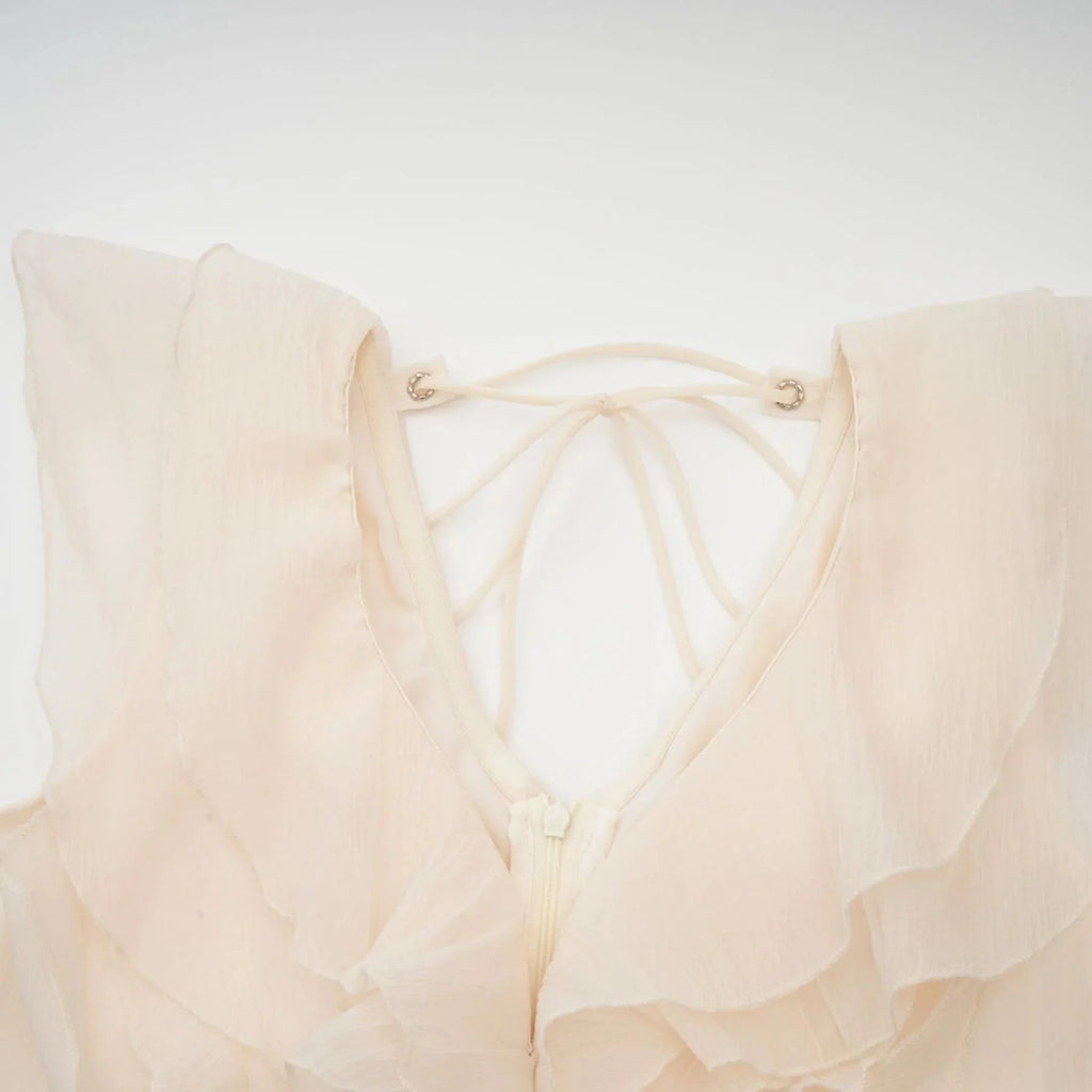 Beppina Mini Dress Neutral V - neck Ruffled Thigh Length & Floral Layers