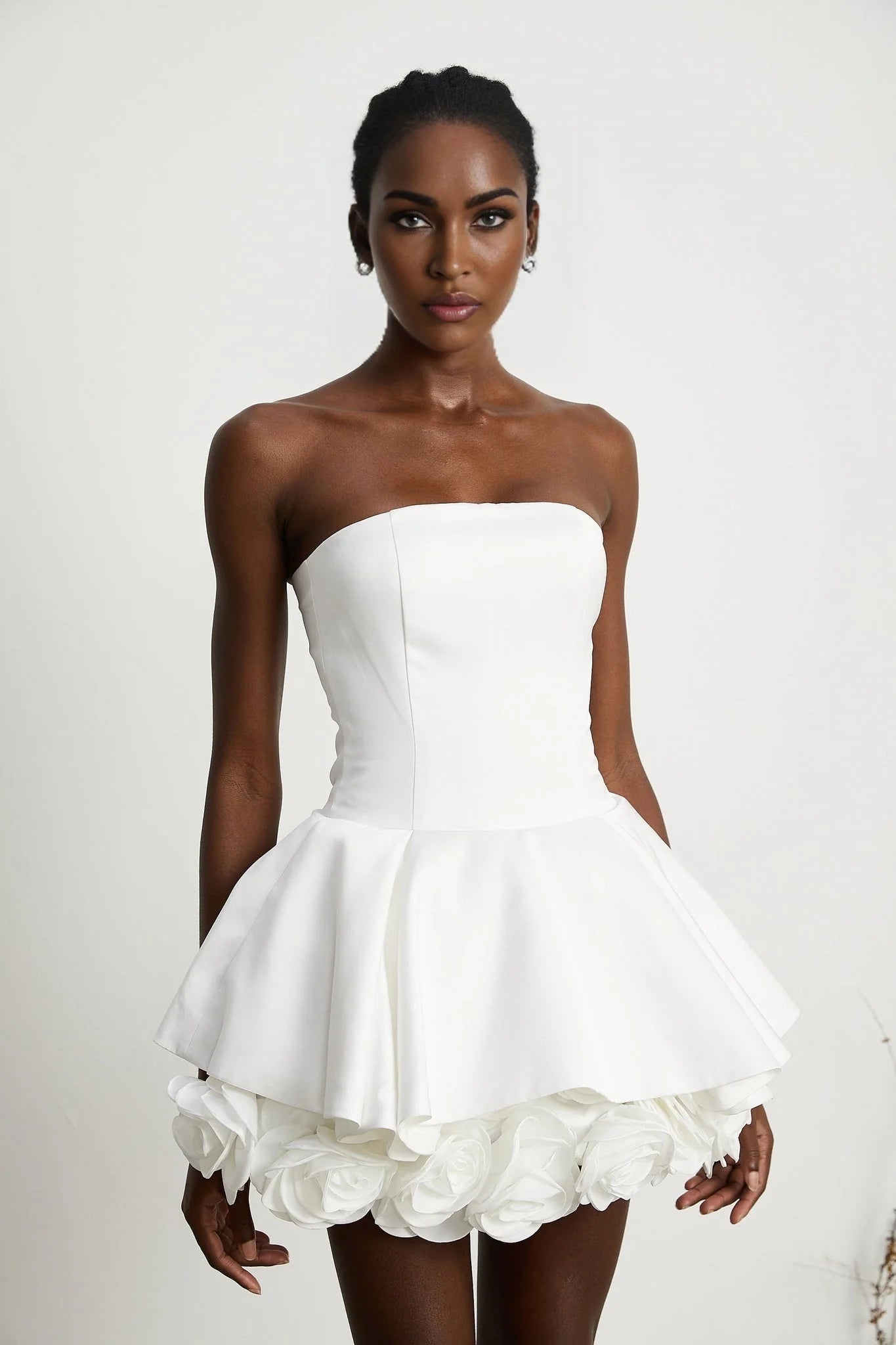 Bettina Off Shoulder Mini Dress - Layered Design - Fitted Waist - Flared Skirt - 3D Petal Detailing
