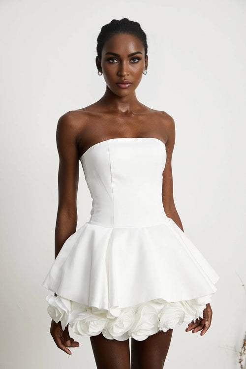 Bettina Off Shoulder Mini Dress - Layered Design - Fitted Waist - Flared Skirt - 3D Petal Detailing