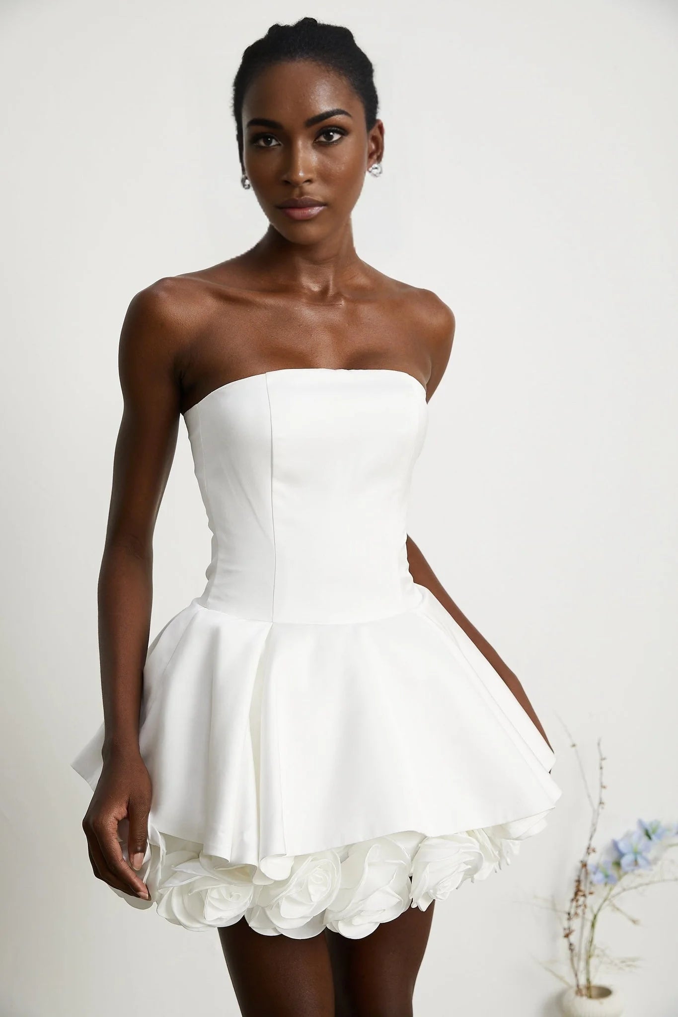 Bettina Off Shoulder Mini Dress - Layered Design - Fitted Waist - Flared Skirt - 3D Petal Detailing