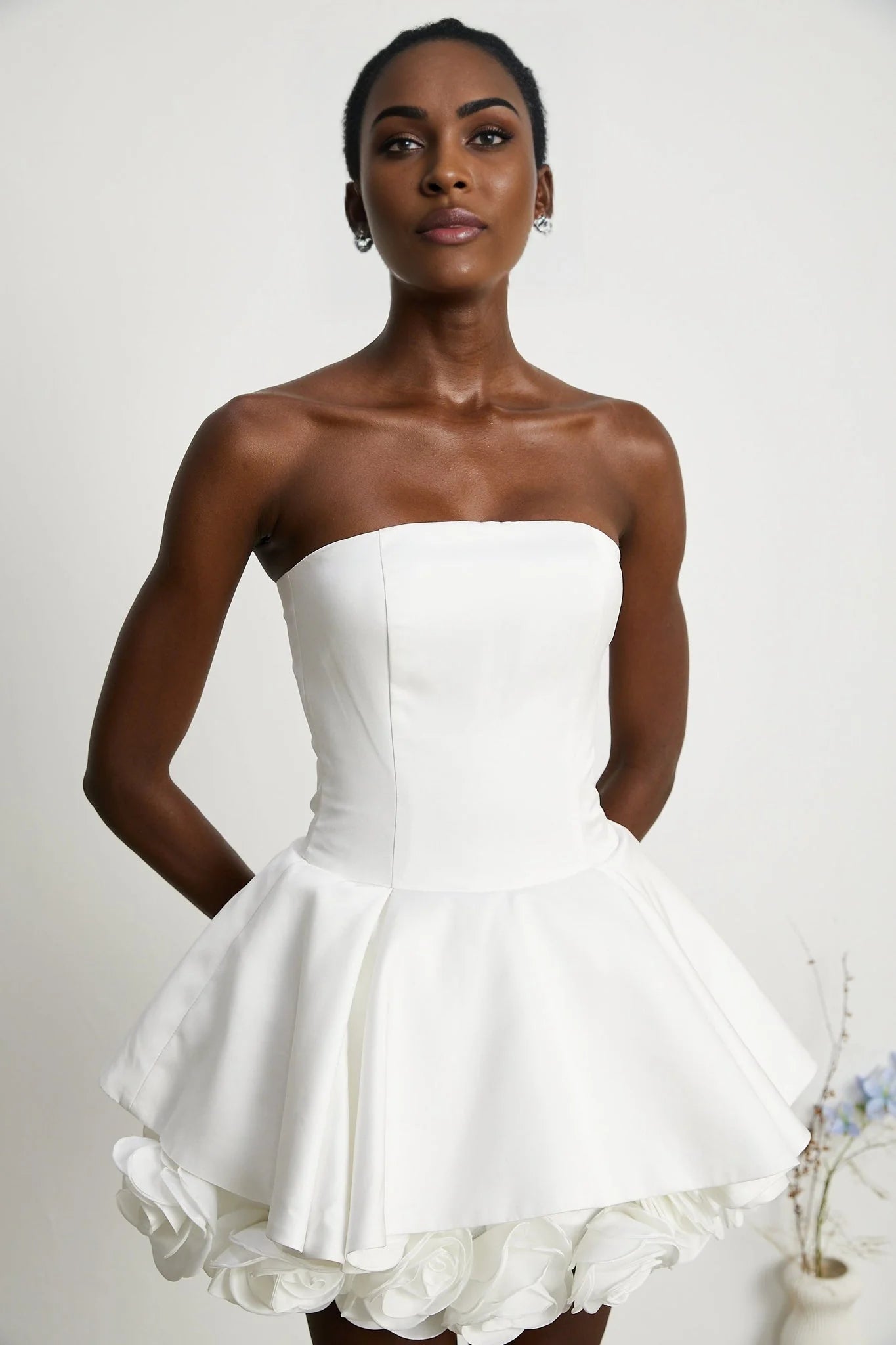 Bettina Off Shoulder Mini Dress - Layered Design - Fitted Waist - Flared Skirt - 3D Petal Detailing