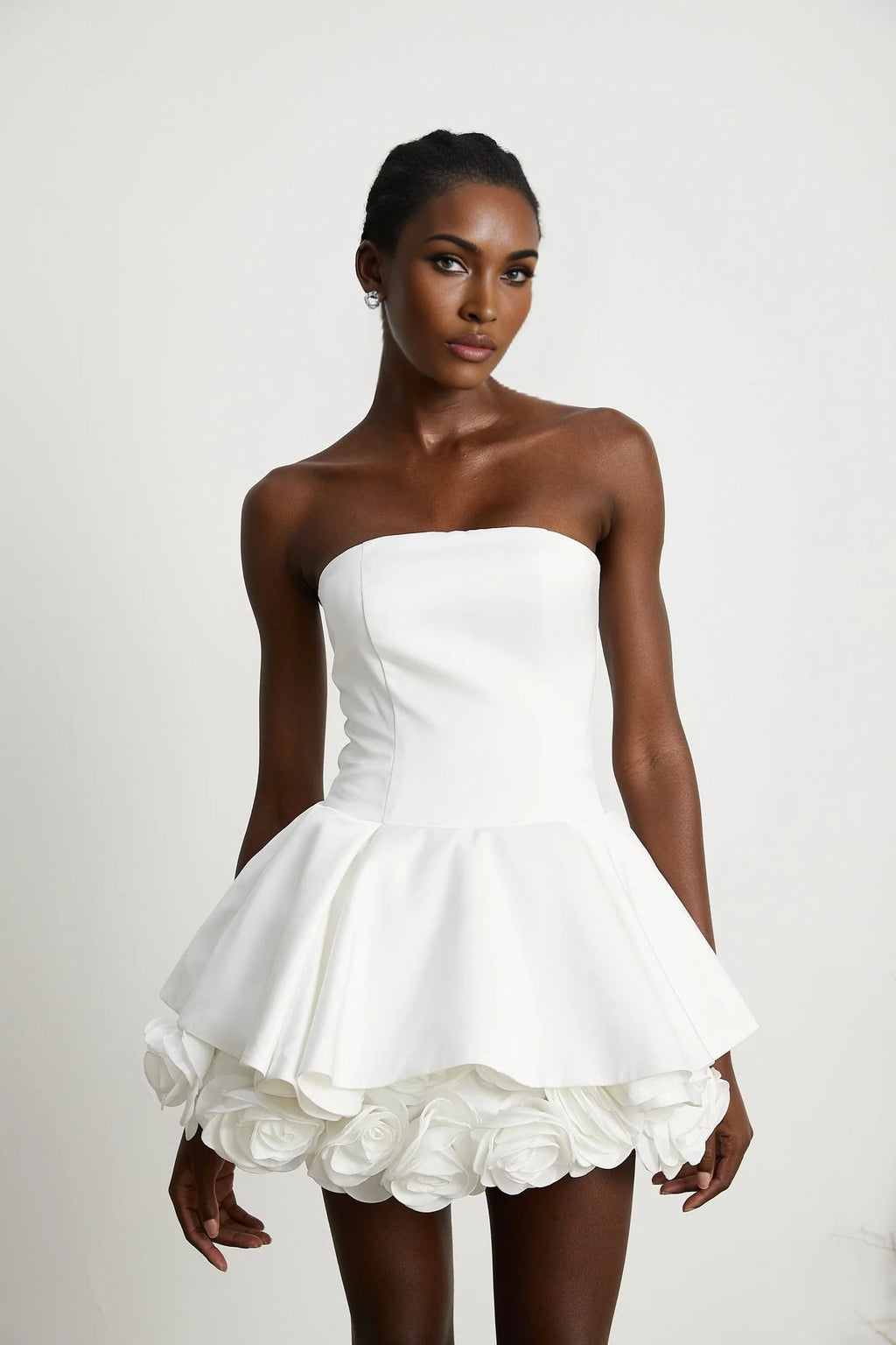 Bettina Off Shoulder Mini Dress - Layered Design - Fitted Waist - Flared Skirt - 3D Petal Detailing