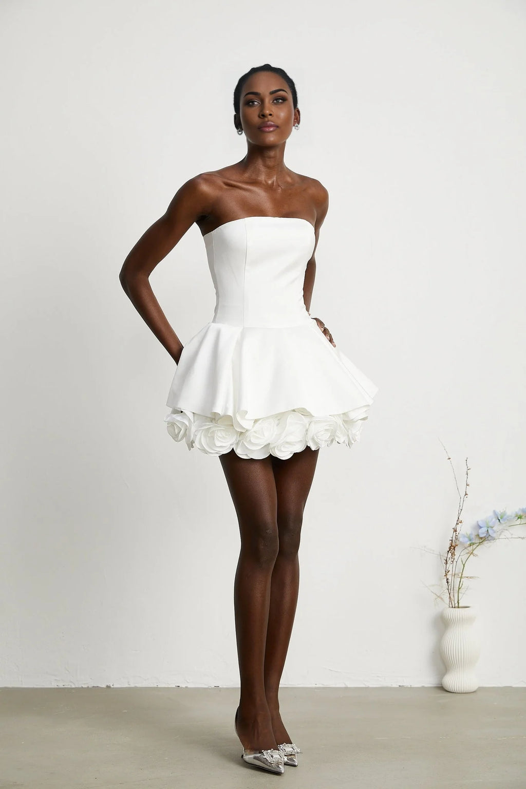 Bettina Off Shoulder Mini Dress - Layered Design - Fitted Waist - Flared Skirt - 3D Petal Detailing