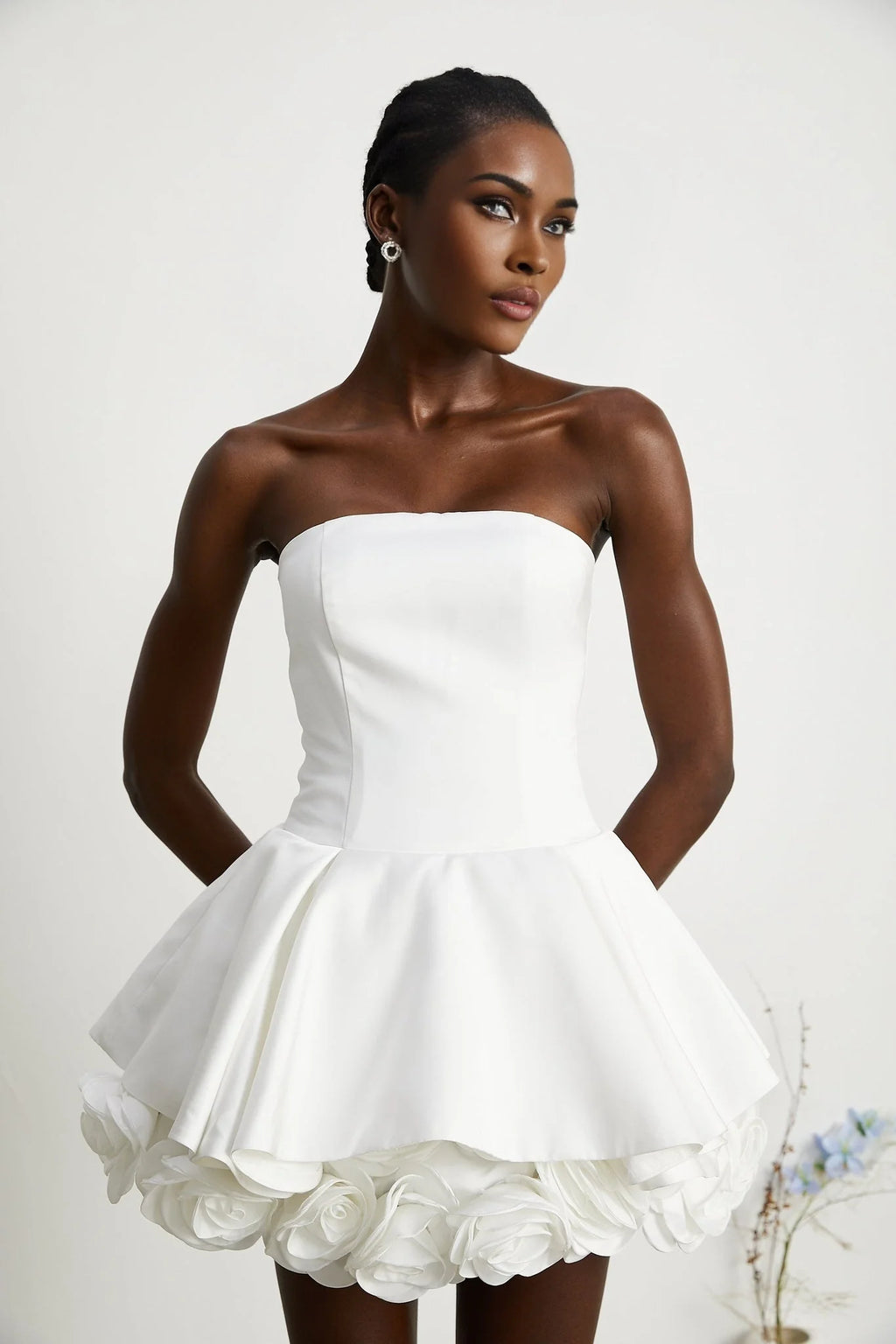Bettina Off Shoulder Mini Dress - Layered Design - Fitted Waist - Flared Skirt - 3D Petal Detailing
