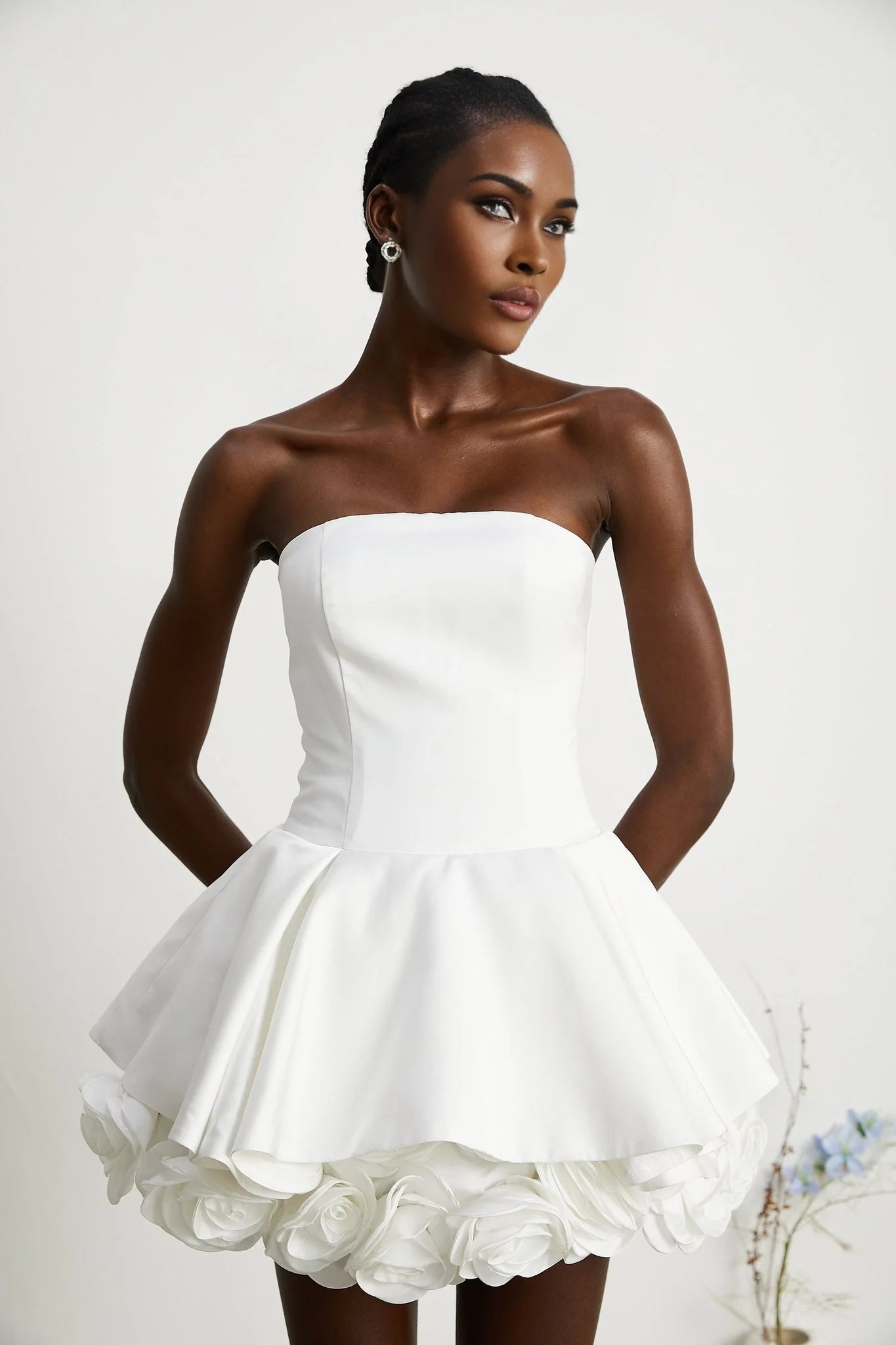 Bettina Off Shoulder Mini Dress - Layered Design - Fitted Waist - Flared Skirt - 3D Petal Detailing