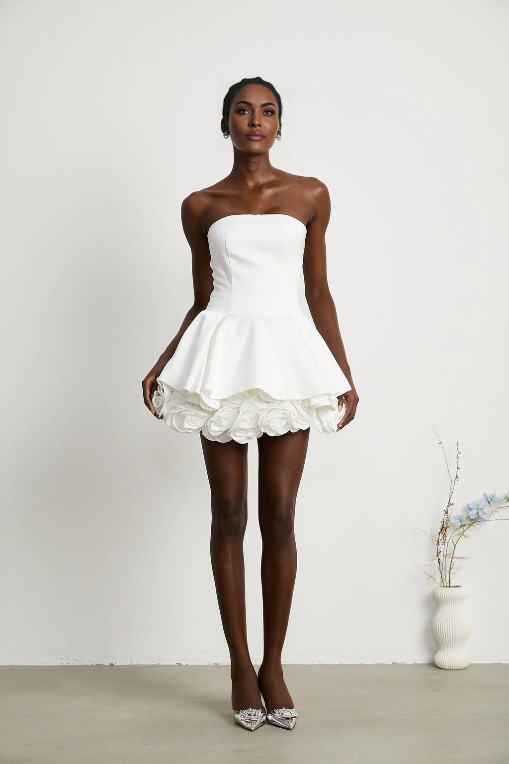 Bettina Off Shoulder Mini Dress - Layered Design - Fitted Waist - Flared Skirt - 3D Petal Detailing