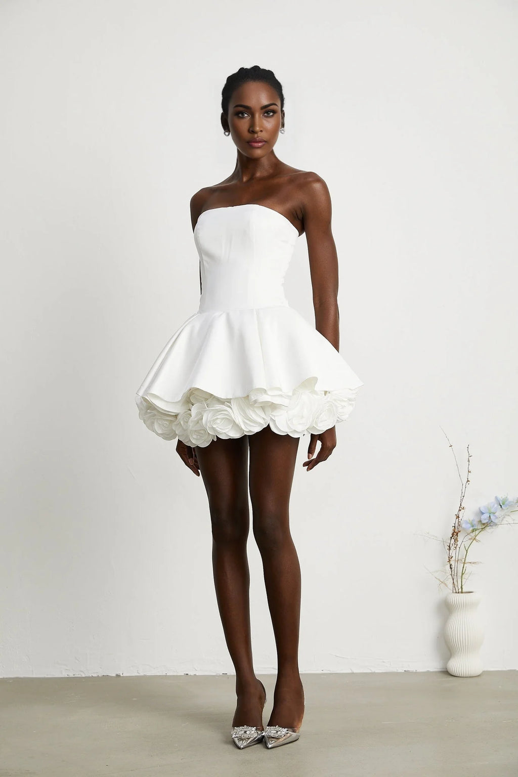 Bettina Off Shoulder Mini Dress - Layered Design - Fitted Waist - Flared Skirt - 3D Petal Detailing