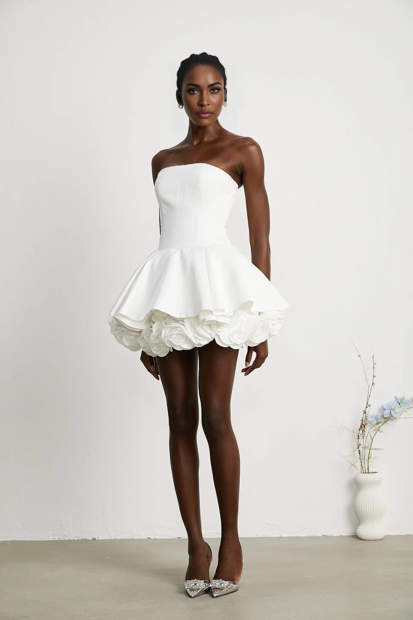 Bettina Off Shoulder Mini Dress - Layered Design - Fitted Waist - Flared Skirt - 3D Petal Detailing