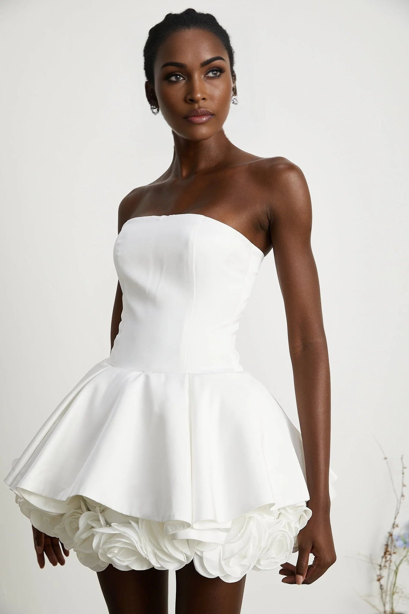 Bettina Off Shoulder Mini Dress - Layered Design - Fitted Waist - Flared Skirt - 3D Petal Detailing
