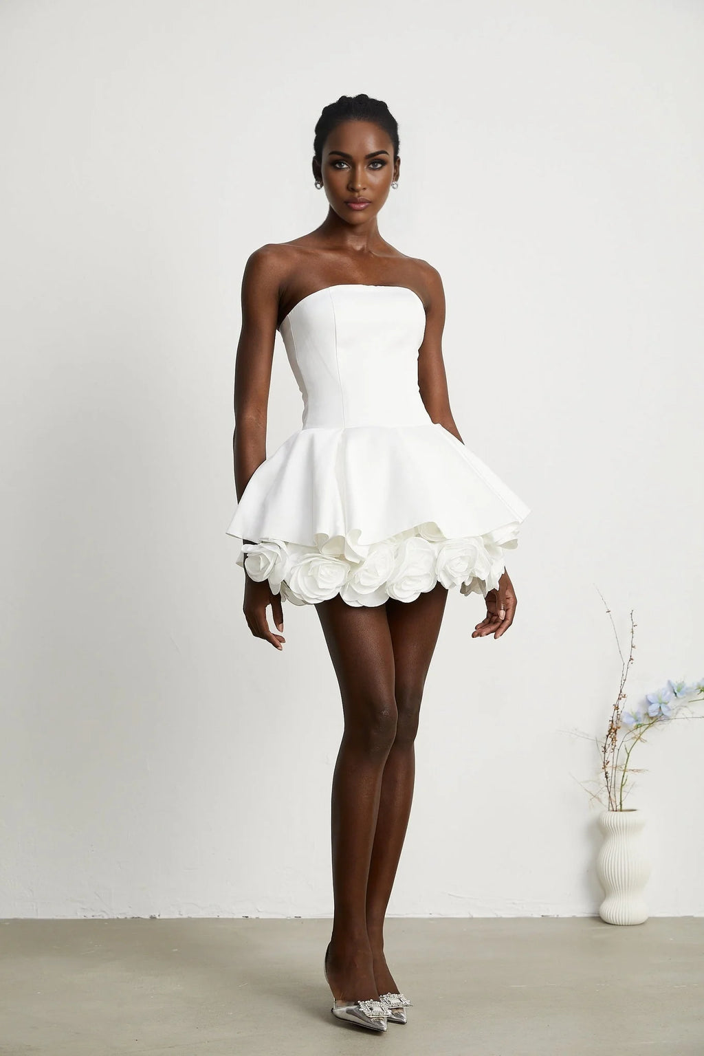 Bettina Off Shoulder Mini Dress - Layered Design - Fitted Waist - Flared Skirt - 3D Petal Detailing