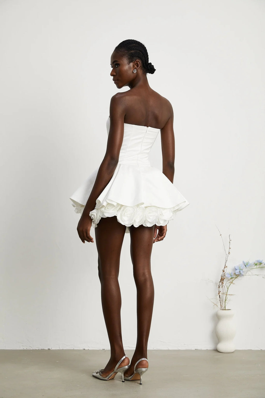 Bettina Off Shoulder Mini Dress - Layered Design - Fitted Waist - Flared Skirt - 3D Petal Detailing
