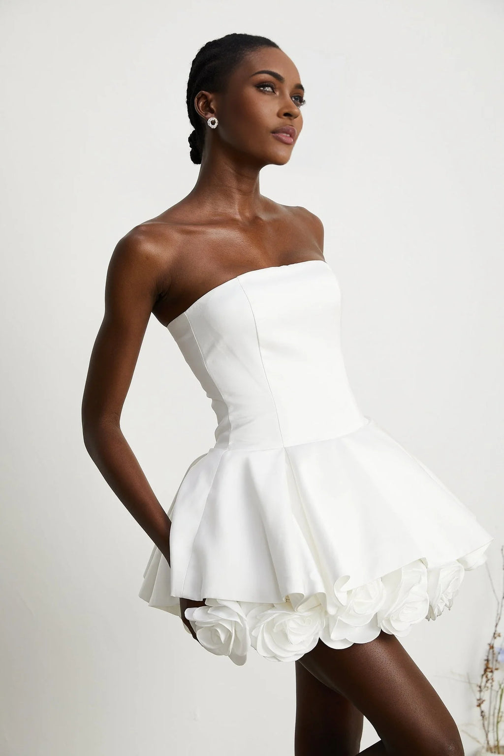 Bettina Off Shoulder Mini Dress - Layered Design - Fitted Waist - Flared Skirt - 3D Petal Detailing
