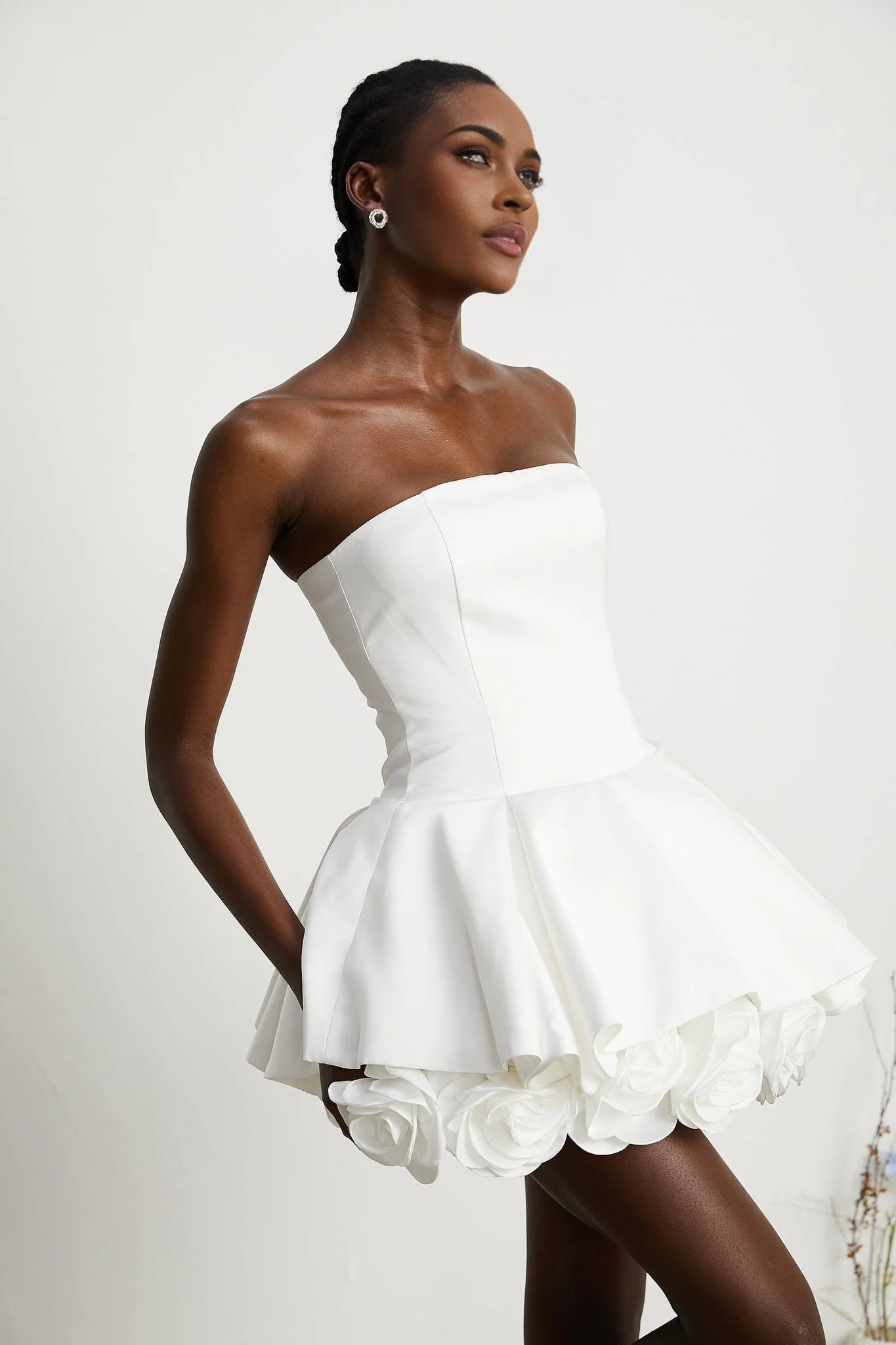 Bettina Off Shoulder Mini Dress - Layered Design - Fitted Waist - Flared Skirt - 3D Petal Detailing