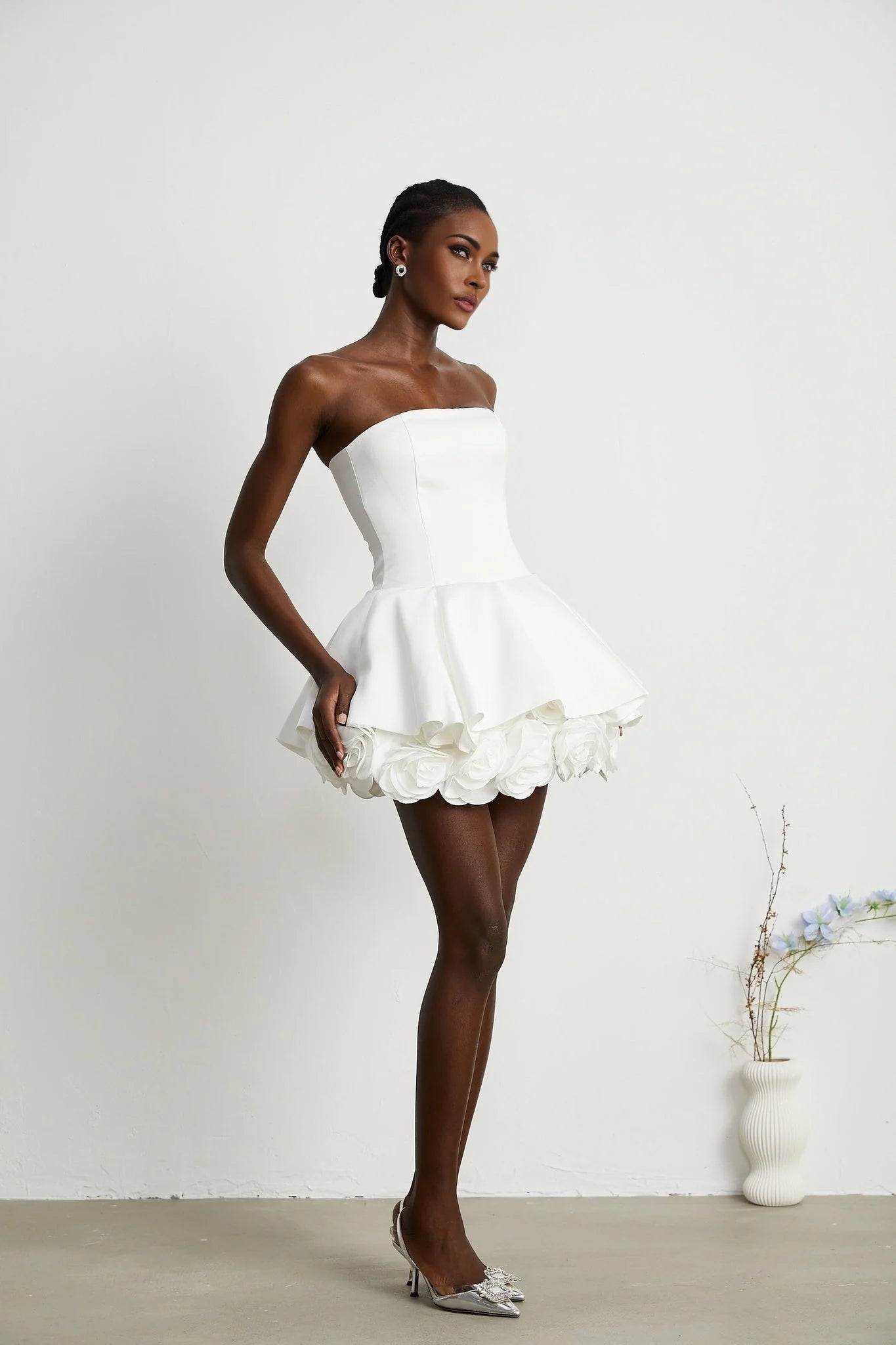 Bettina Off Shoulder Mini Dress - Layered Design - Fitted Waist - Flared Skirt - 3D Petal Detailing