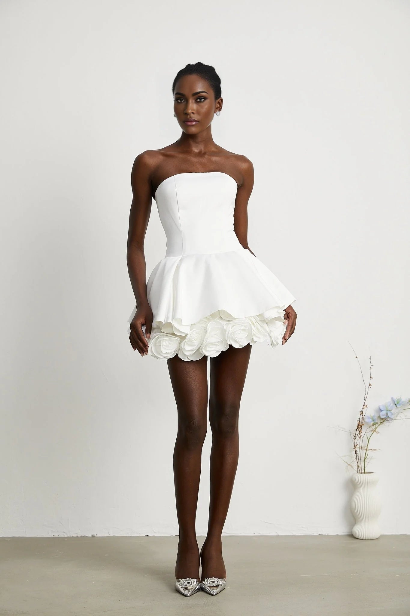 Bettina Off Shoulder Mini Dress - Layered Design - Fitted Waist - Flared Skirt - 3D Petal Detailing