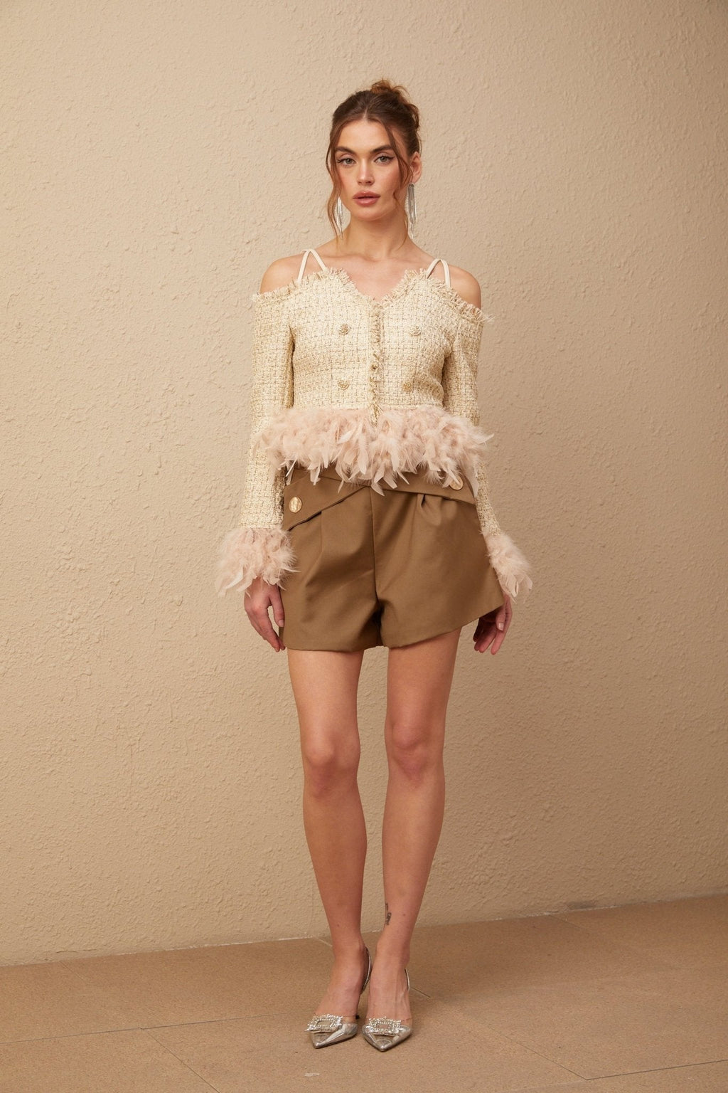 Bettina Tweed Cropped Top – Off Shoulder – Feather Trim – Metallic Thread – Frayed Edge