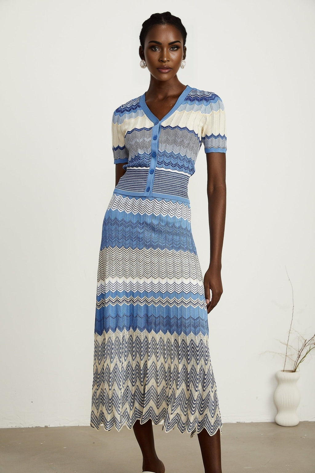 Bianca Skirt & Top Set - Ribbed Knit - Zigzag Woven Design - V - Neck - Button Fastening