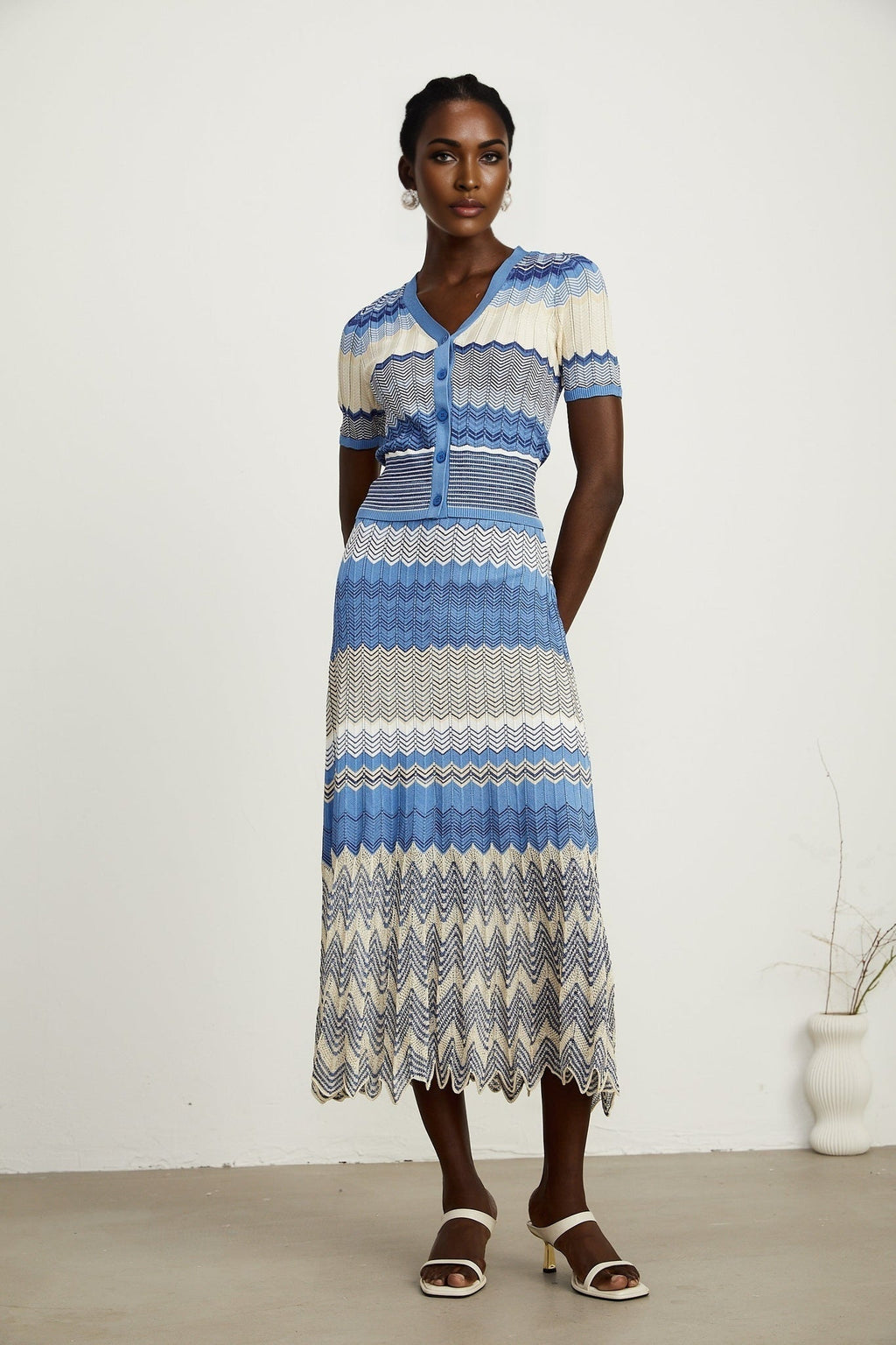 Bianca Skirt & Top Set - Ribbed Knit - Zigzag Woven Design - V - Neck - Button Fastening
