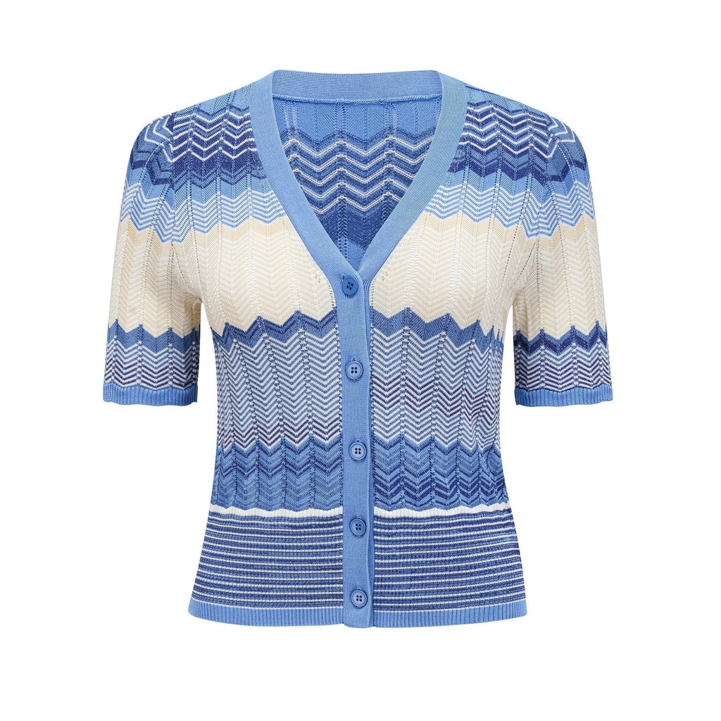 Bianca Skirt & Top Set - Ribbed Knit - Zigzag Woven Design - V - Neck - Button Fastening