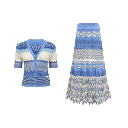 Bianca Skirt & Top Set - Ribbed Knit - Zigzag Woven Design - V - Neck - Button Fastening