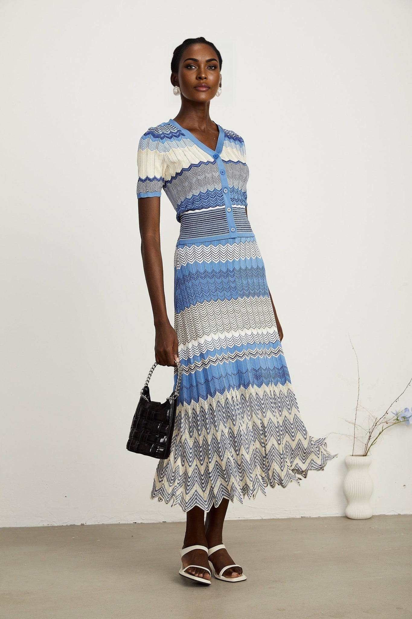 Bianca Skirt & Top Set - Ribbed Knit - Zigzag Woven Design - V - Neck - Button Fastening