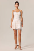 Biancamaria Beige Lace Floral Halter Mini Dress