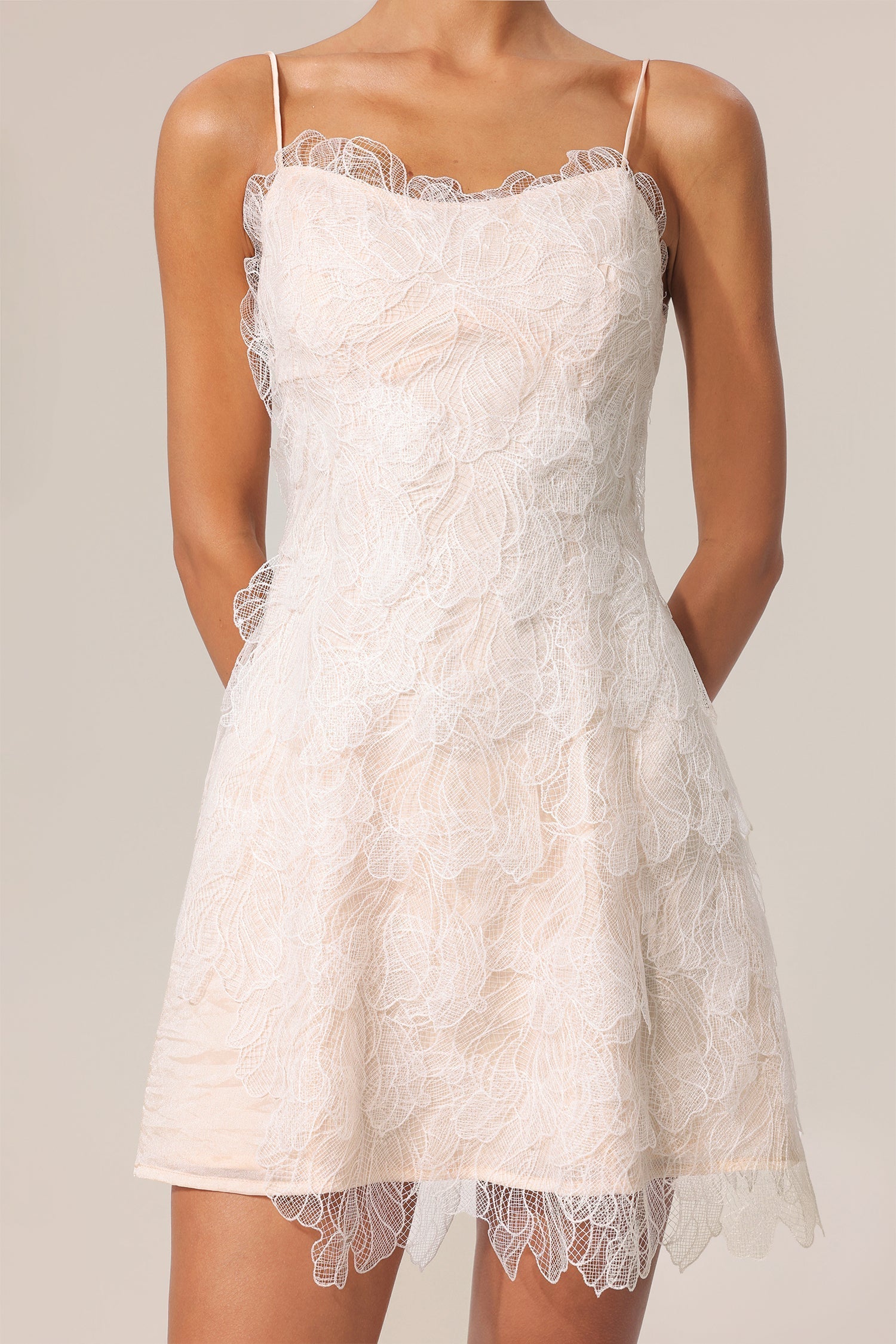 Biancamaria Beige Lace Floral Halter Mini Dress
