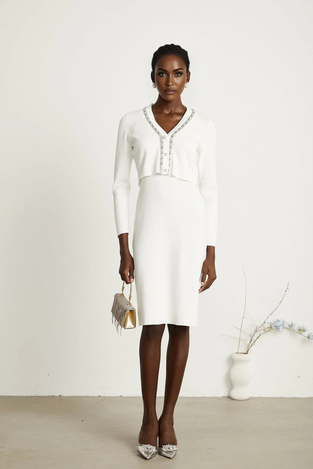 Biancamaria Cardigan & Dress - V Neck - Beaded Embellishment - Knitted Construction - Midi Length