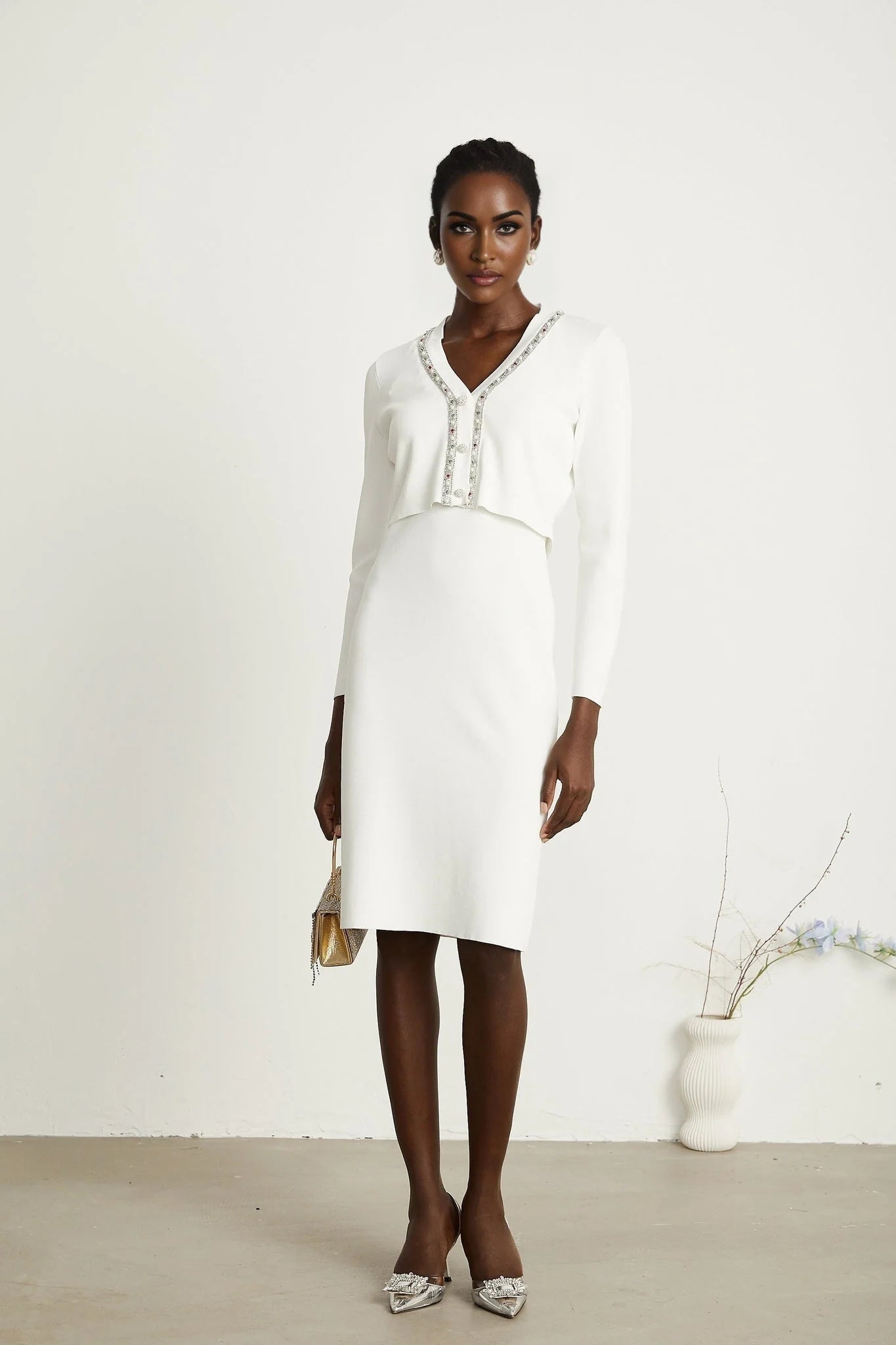 Biancamaria Cardigan & Dress - V Neck - Beaded Embellishment - Knitted Construction - Midi Length